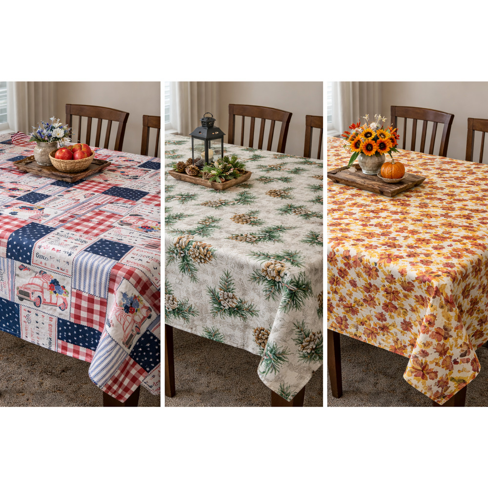 Holiday Tablecloth Bundle 3 Fall Autumn Christmas Patriotic Vinyl Decor 52 x 70"